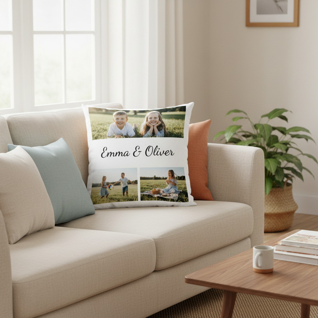 3 Photo Cushion Cover With Text