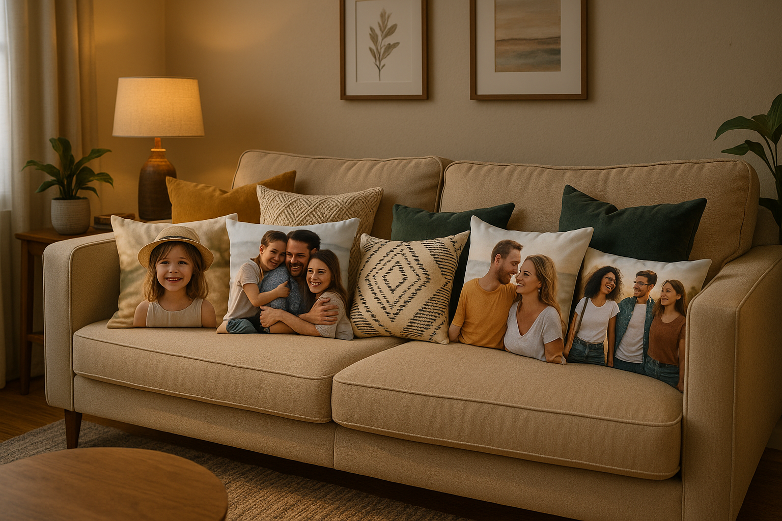 an image of a sofa in the living room with a mix of cushions include photo cushions.